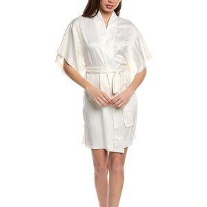 Natori Feathers Satin Wrap in ivory with delf tie waist sash